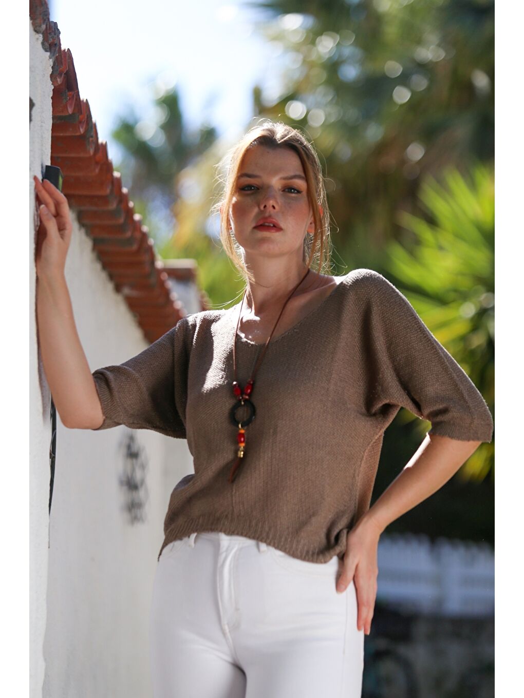 Bej Vizon V Yaka 3/4 Kol İnce Arkası Uzun Crop Fit Triko Bluz 50 60-2