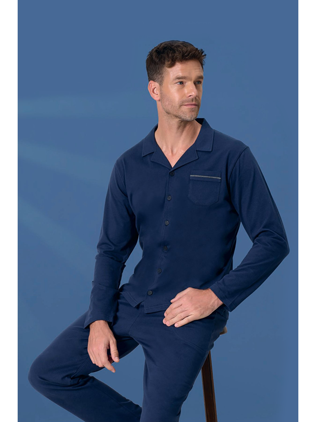 Erkek Penye Süprem Önden Düğmeli Pijama Takımı | Lacivert 2157-1