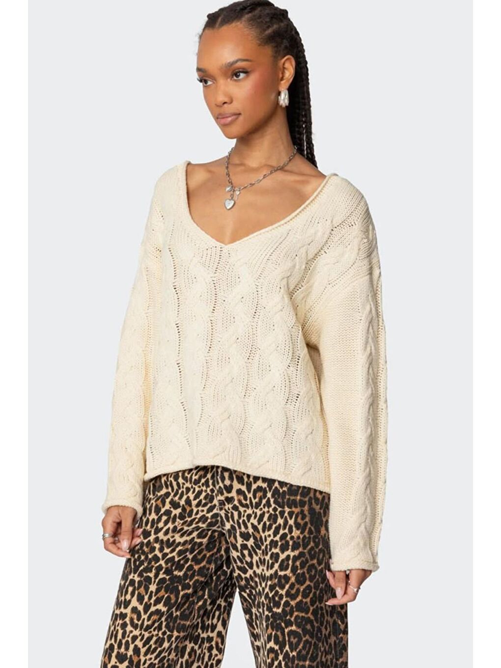 Ekru V Yaka Örgü Desen Oversize Kadın Kazak Mg2519-5