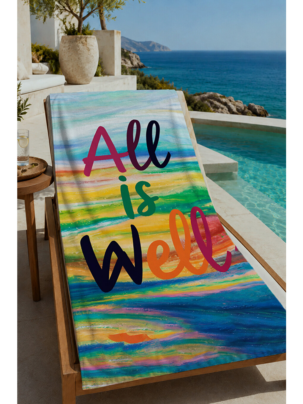 Yeşil Pastel Batımı All Is Well Yazılı Desenli 70x150 Cm Dijital Baskılı Plaj Ve Banyo Havlusu