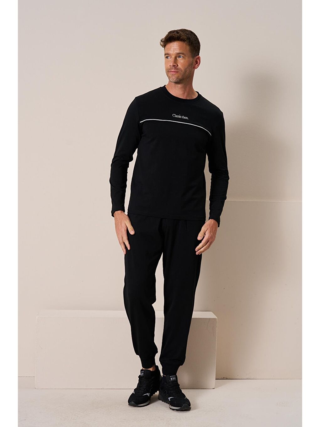 Erkek Penye Süprem Eşli Bisiklet Yaka Pijama Takımı | Siyah 2197