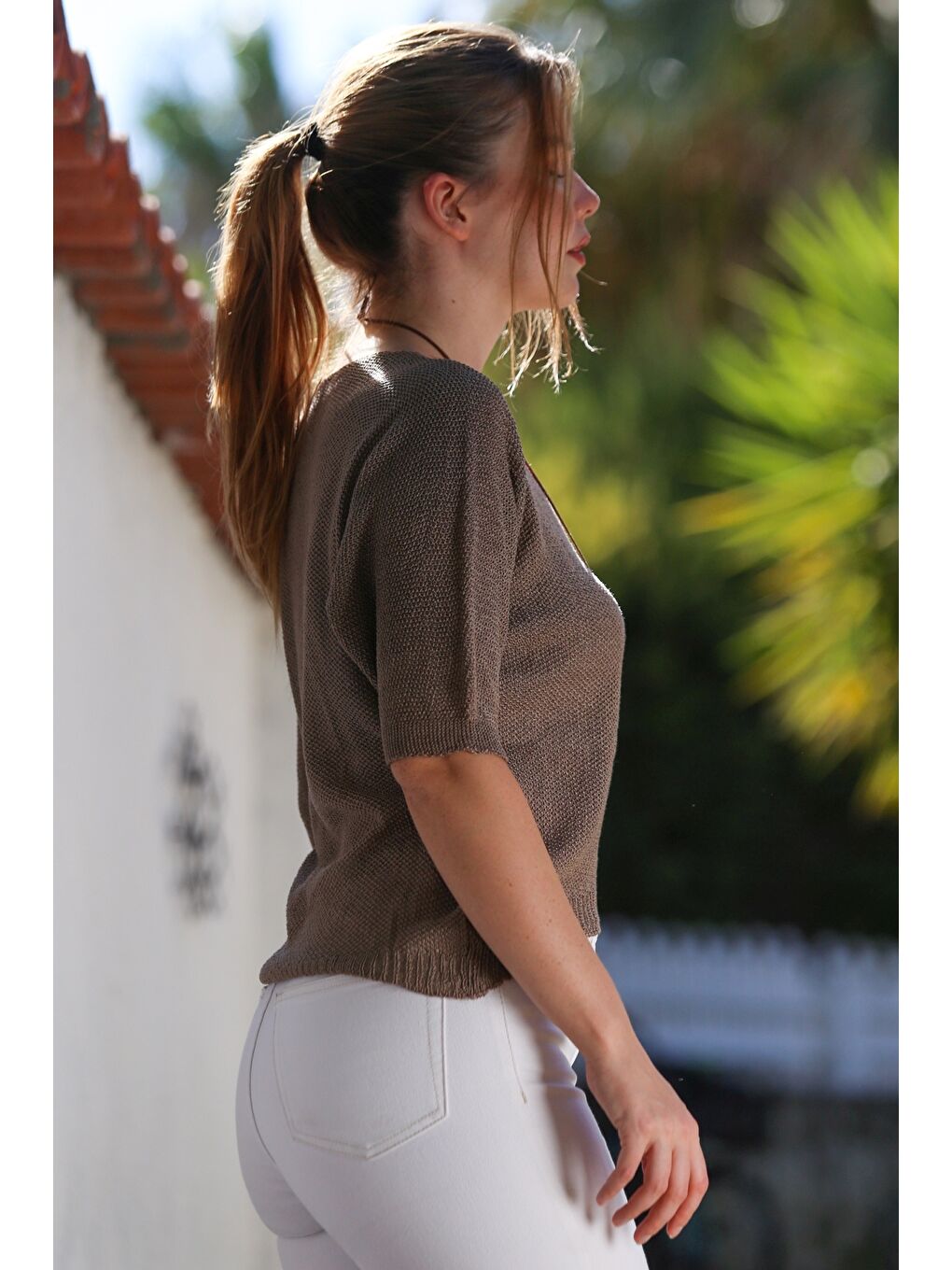 Bej Vizon V Yaka 3/4 Kol İnce Arkası Uzun Crop Fit Triko Bluz 50 60-6