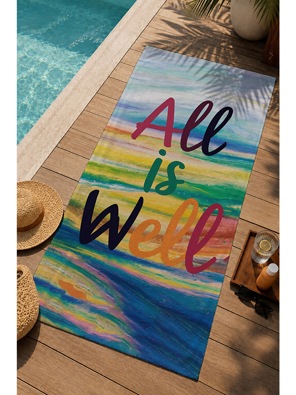 Yeşil Pastel Batımı All Is Well Yazılı Desenli 70x150 Cm Dijital Baskılı Plaj Ve Banyo Havlusu-2