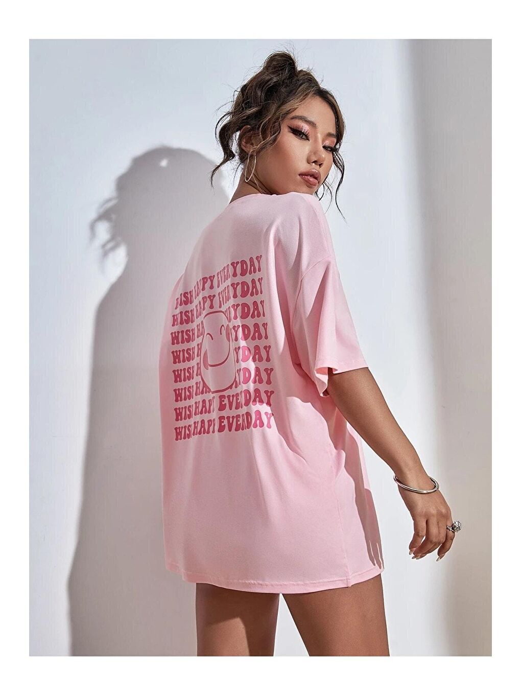 Trendseninle Pembe Kadın Pembe Wish Happy Everyday Baskılı Oversize tişört - 1