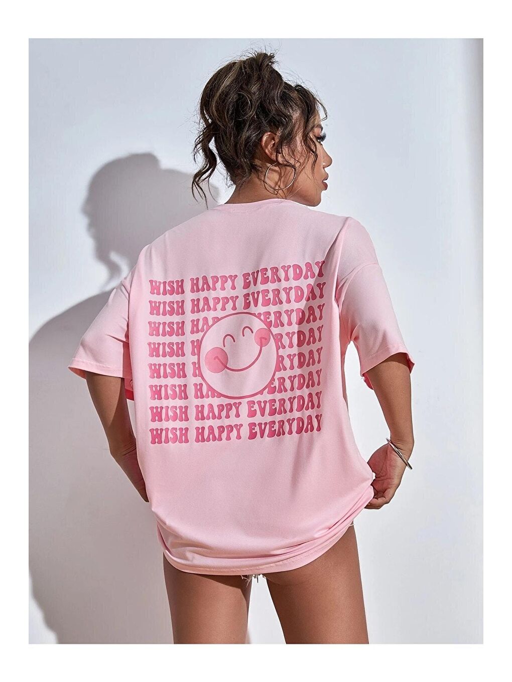 Trendseninle Pembe Kadın Pembe Wish Happy Everyday Baskılı Oversize tişört - 2