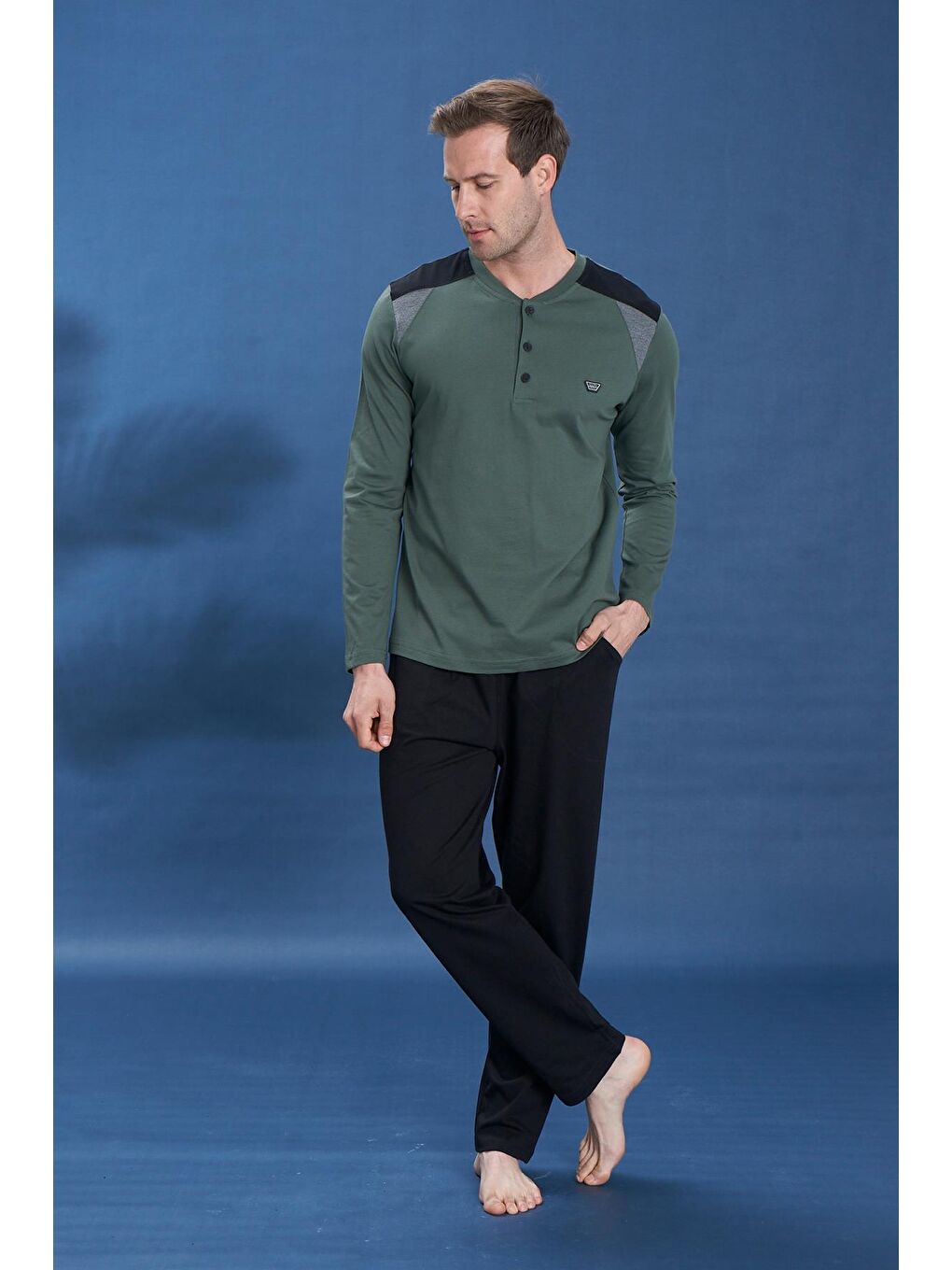 Erkek Penye Süprem Genç Önü Patlı Pijama Takımı | Haki 2119-1