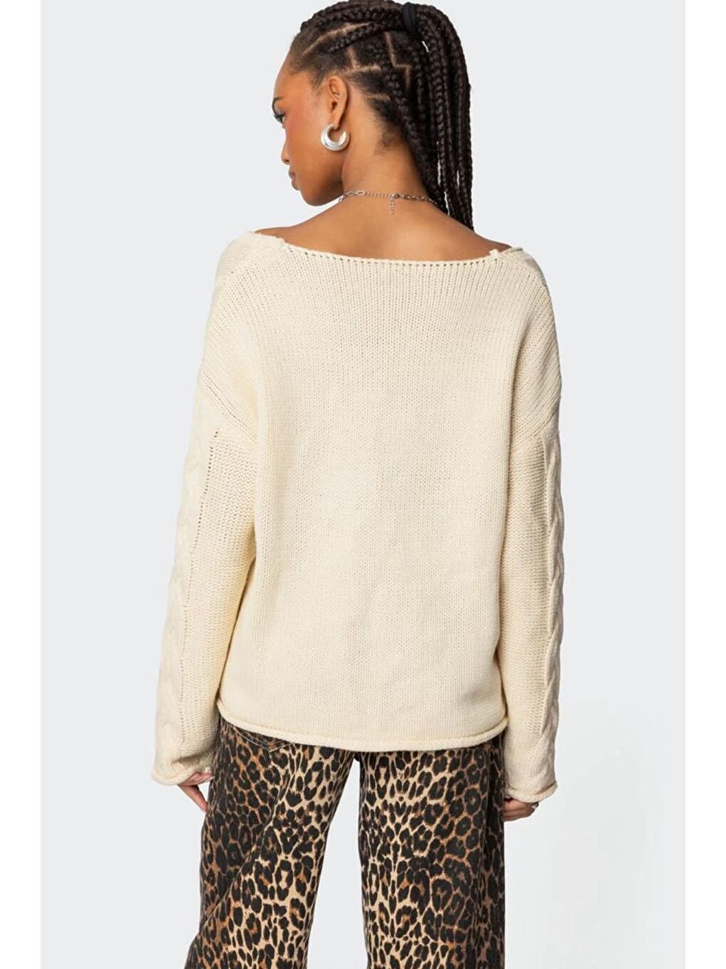 Ekru V Yaka Örgü Desen Oversize Kadın Kazak Mg2519-7