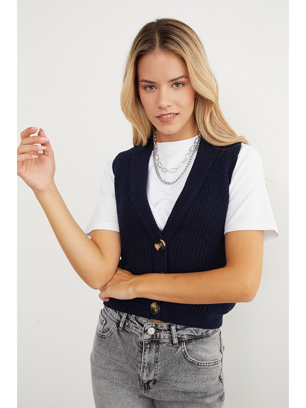 Lacivert Düğmeli Triko Yelek-2