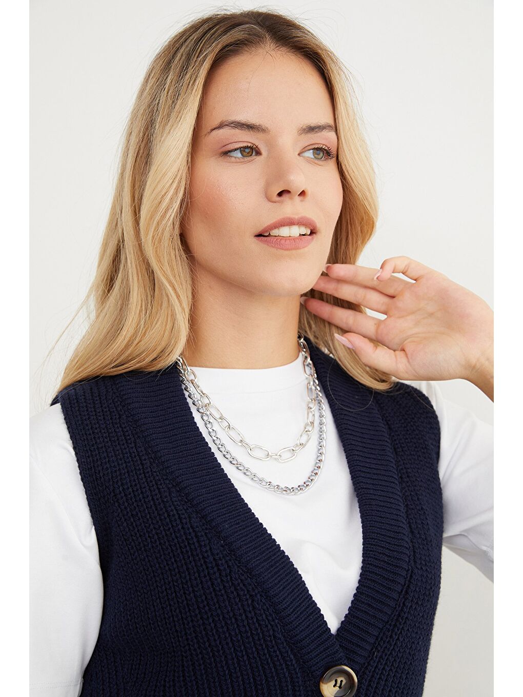 Lacivert Düğmeli Triko Yelek-3