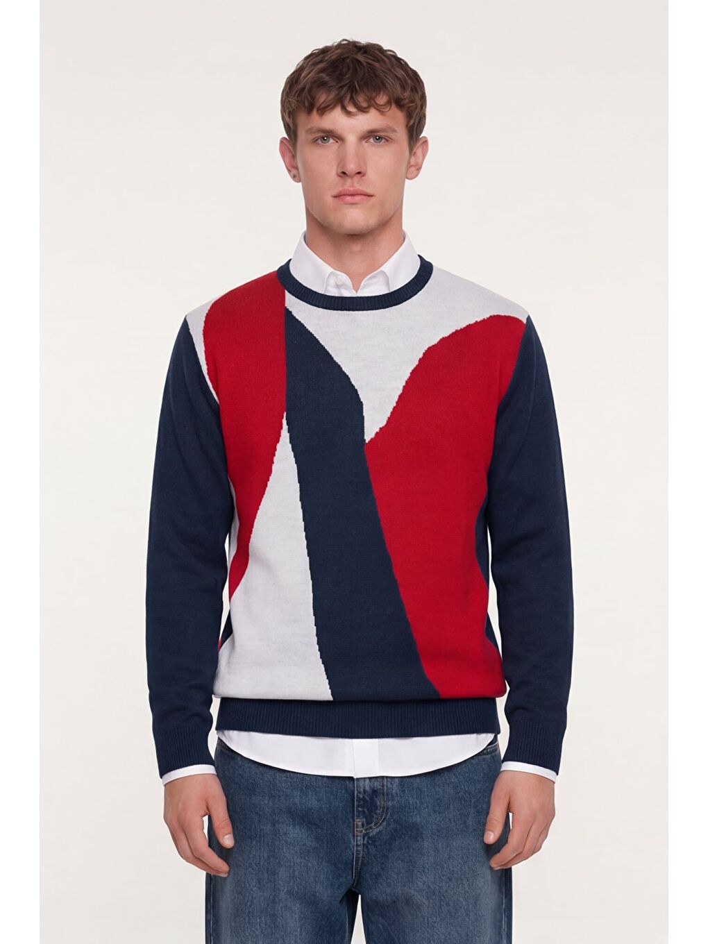 Erkek Lacivert Normal Kesim Regular Fit Yünlü  Desenli Bisiklet Yaka Triko Kazak