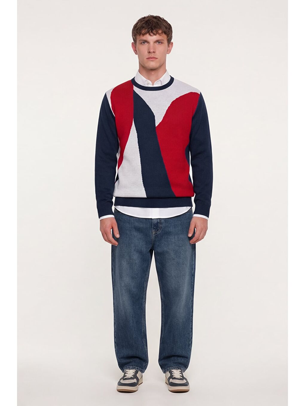 Erkek Lacivert Normal Kesim Regular Fit Yünlü  Desenli Bisiklet Yaka Triko Kazak-1