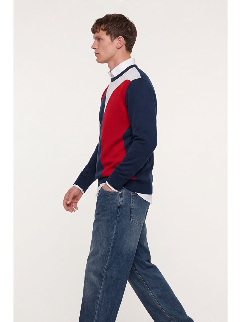 Erkek Lacivert Normal Kesim Regular Fit Yünlü  Desenli Bisiklet Yaka Triko Kazak-2