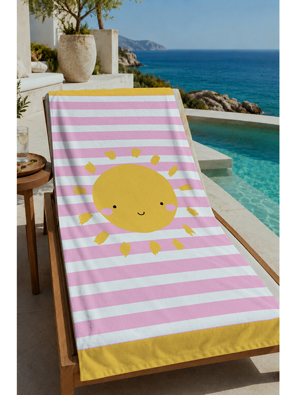 Milbay Grup Pembe Çizgili Gülümseyen Güneş Desenli 70x150 Cm Dijital Plaj Ve Banyo Havlusu-20024