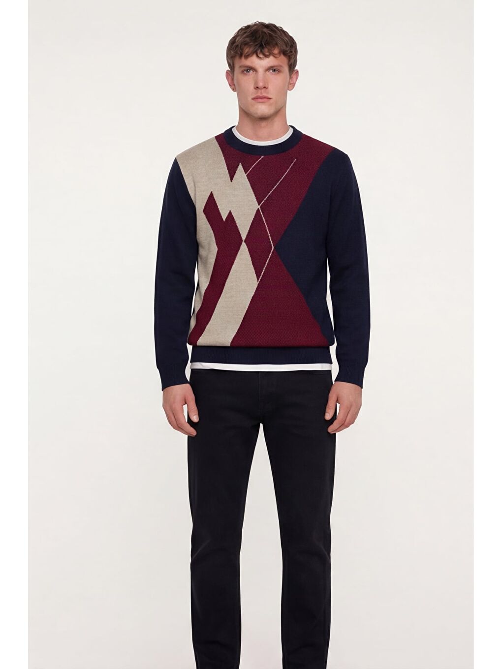 Erkek Lacivert Normal Kesim Regular Fit Yünlü Dokuma Desenli Triko Kazak-1