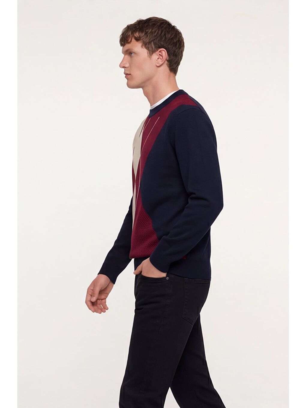 Erkek Lacivert Normal Kesim Regular Fit Yünlü Dokuma Desenli Triko Kazak-2