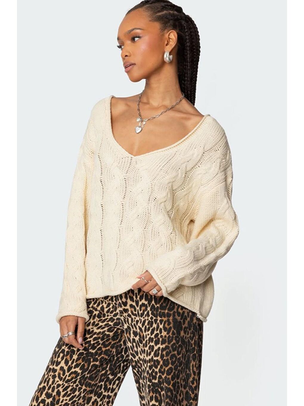 Ekru V Yaka Örgü Desen Oversize Kadın Kazak Mg2519-8