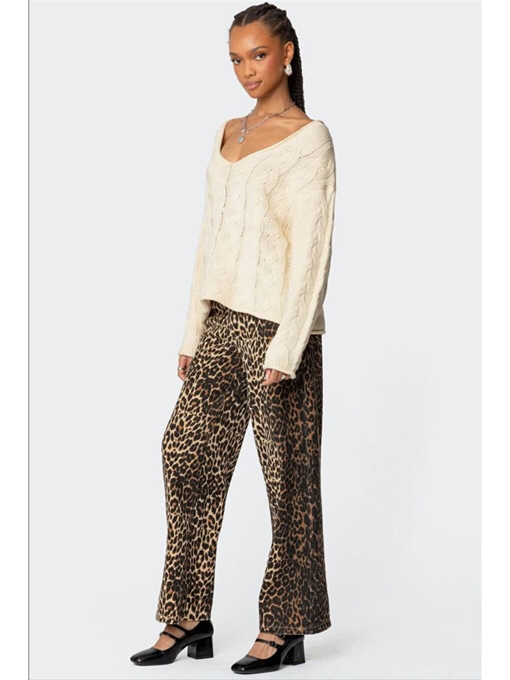 Ekru V Yaka Örgü Desen Oversize Kadın Kazak Mg2519-9