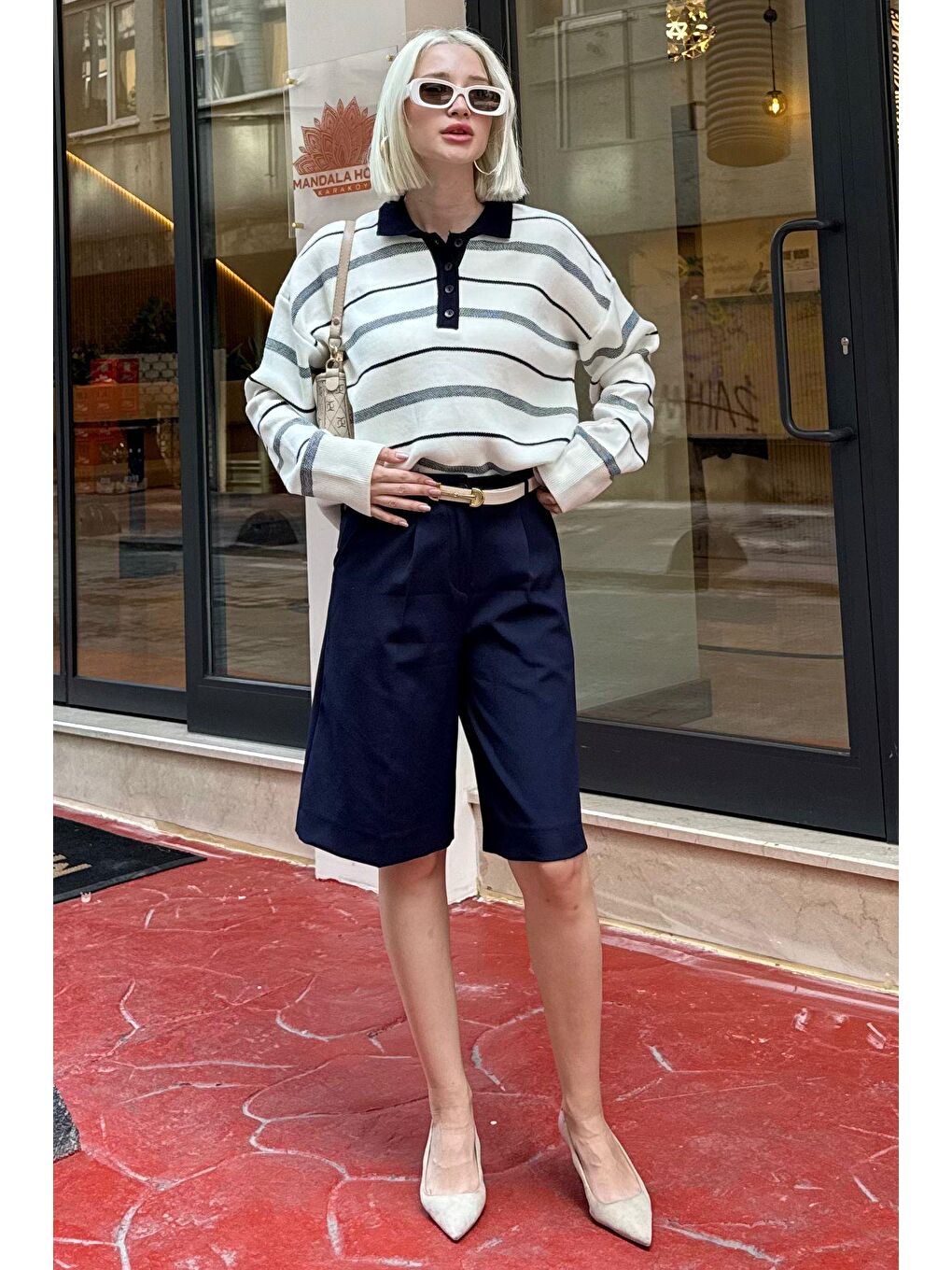 Beyaz Kemik Rengi Çizgili Polo Yaka Kadın Kazak Mg2476-11