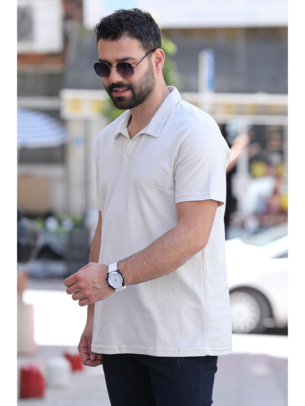 Ekru Elastanlı Polo Yaka Erkek Tişört