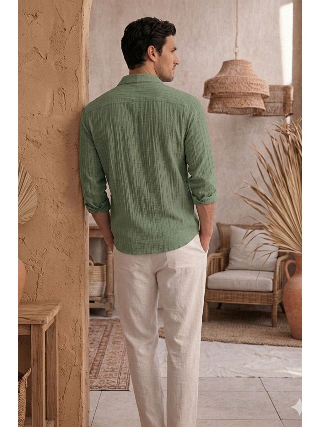 Haki Erkek Keten Karışımlı Gömlek Relaxed Yazlık İnce Kumaş Casual Gömlek-1