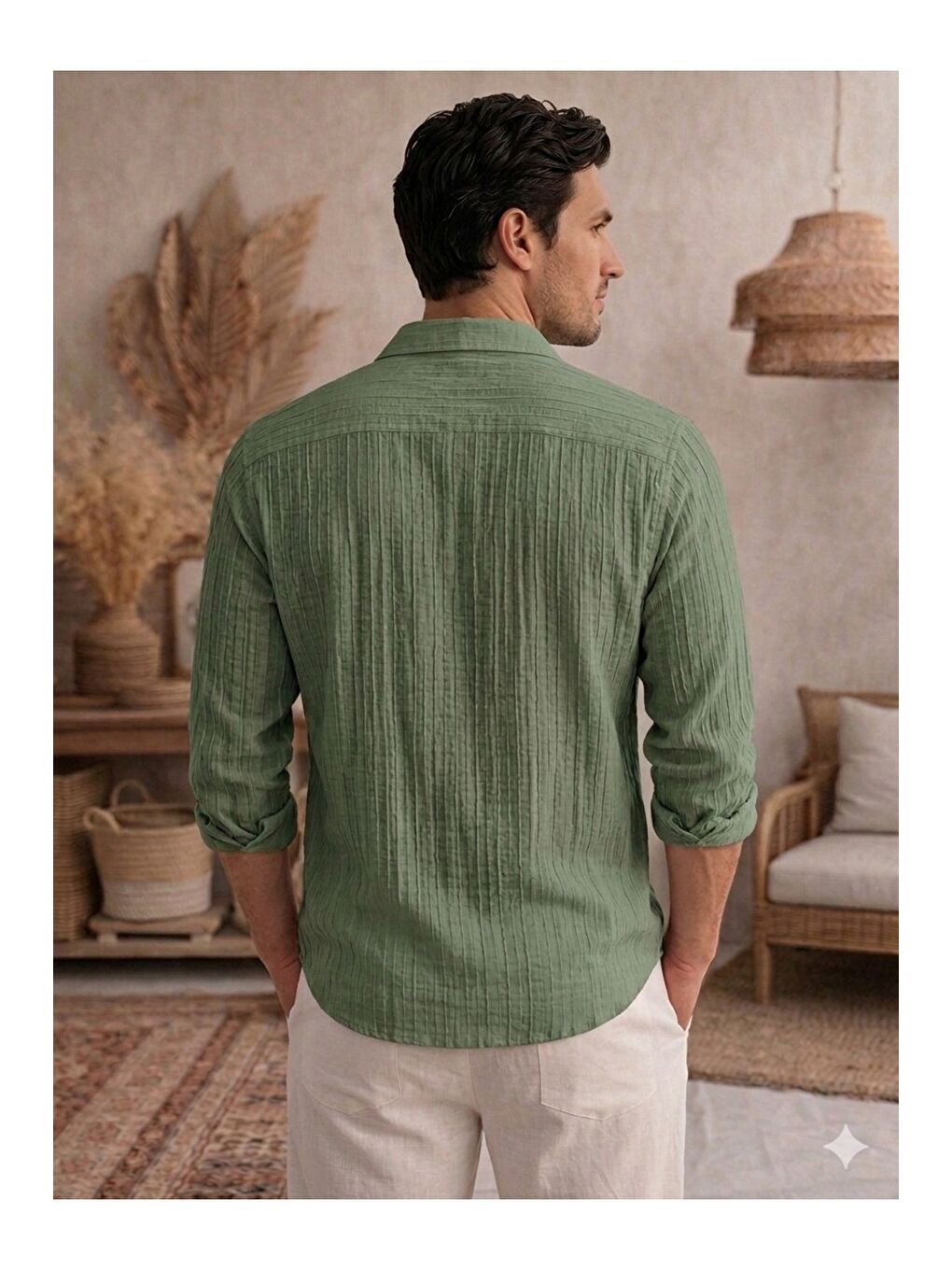 Haki Erkek Keten Karışımlı Gömlek Relaxed Yazlık İnce Kumaş Casual Gömlek-2