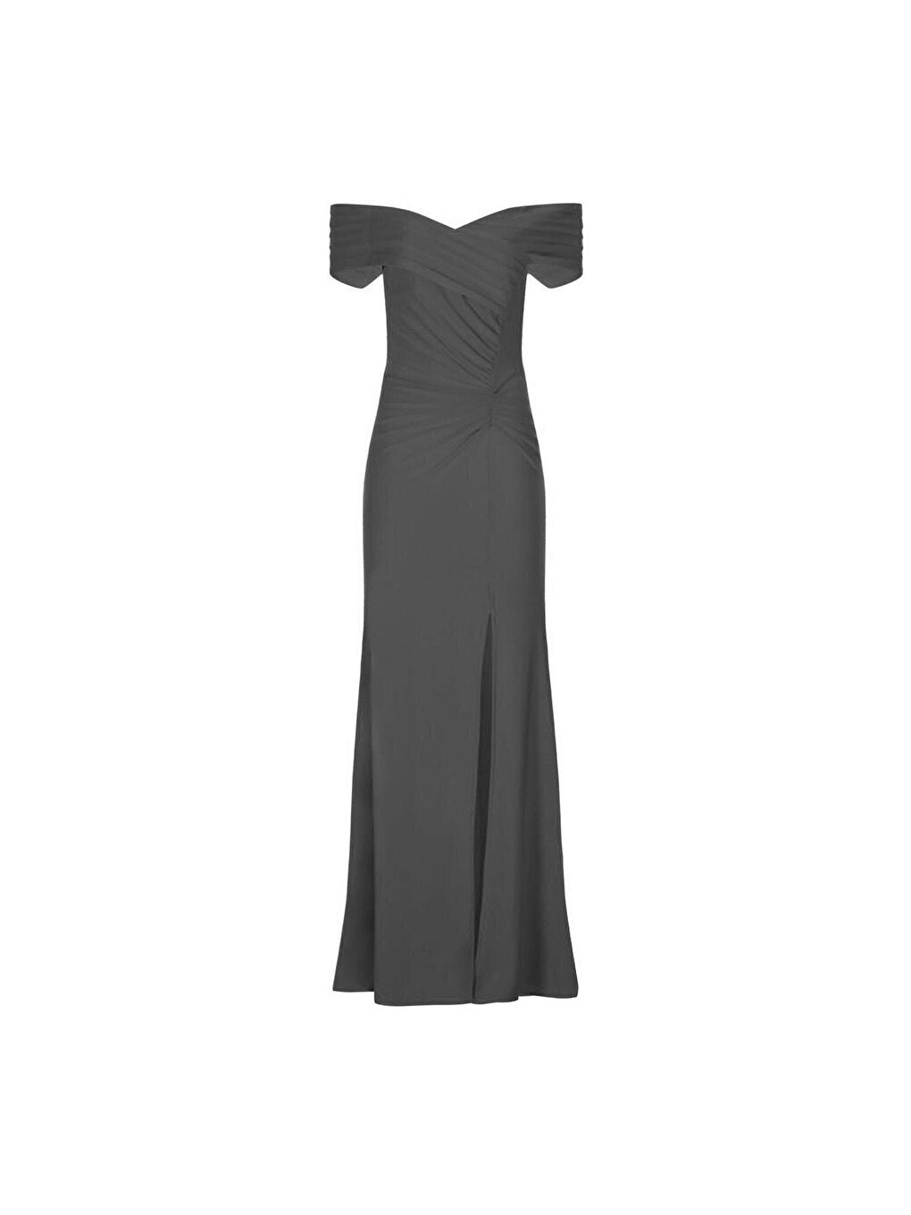 Siyah Piliseli Kayık Yaka Belden Drapeli Yandan Yırtmaçlı Uzun Elbise