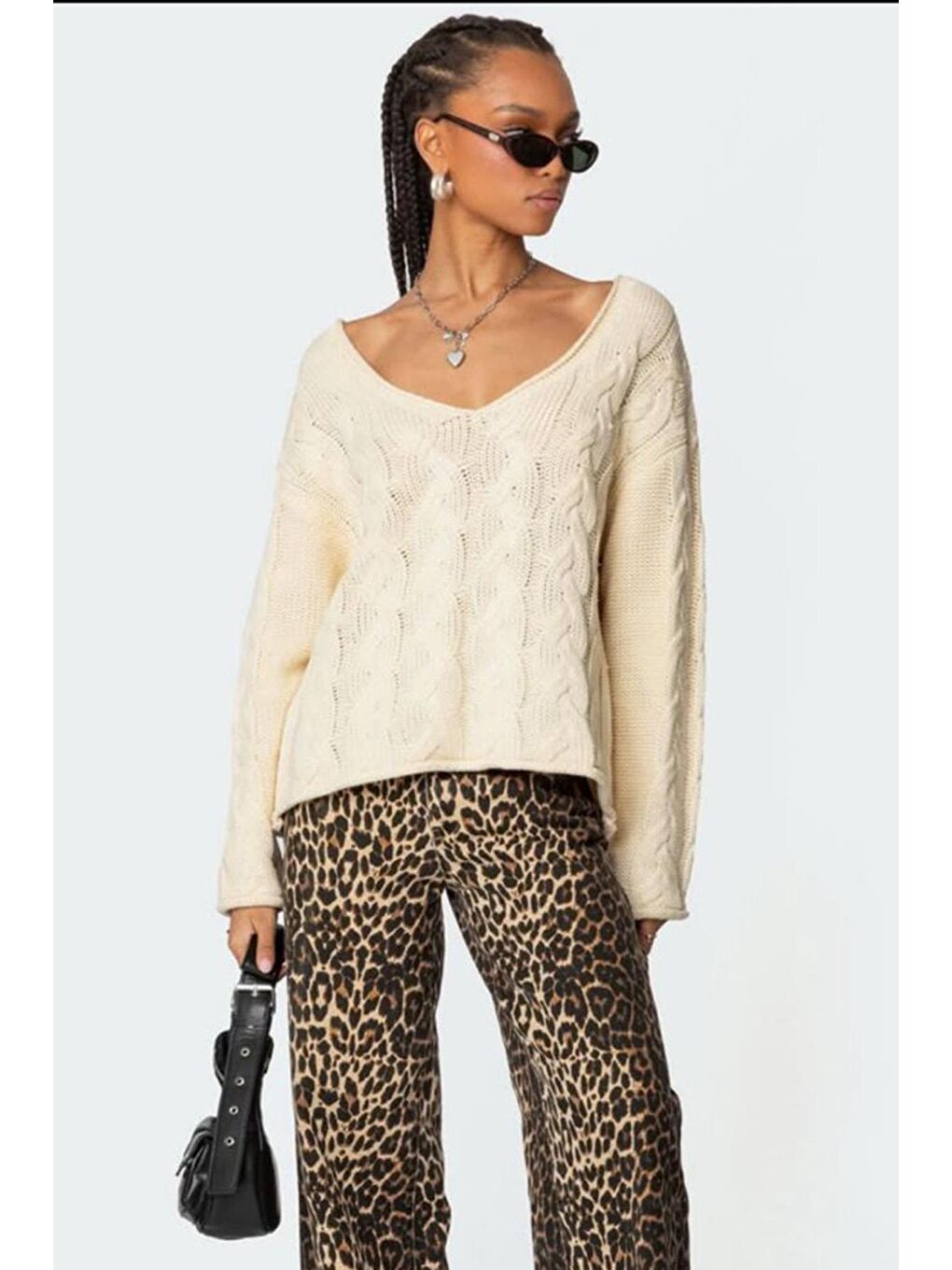 Ekru V Yaka Örgü Desen Oversize Kadın Kazak Mg2519-10