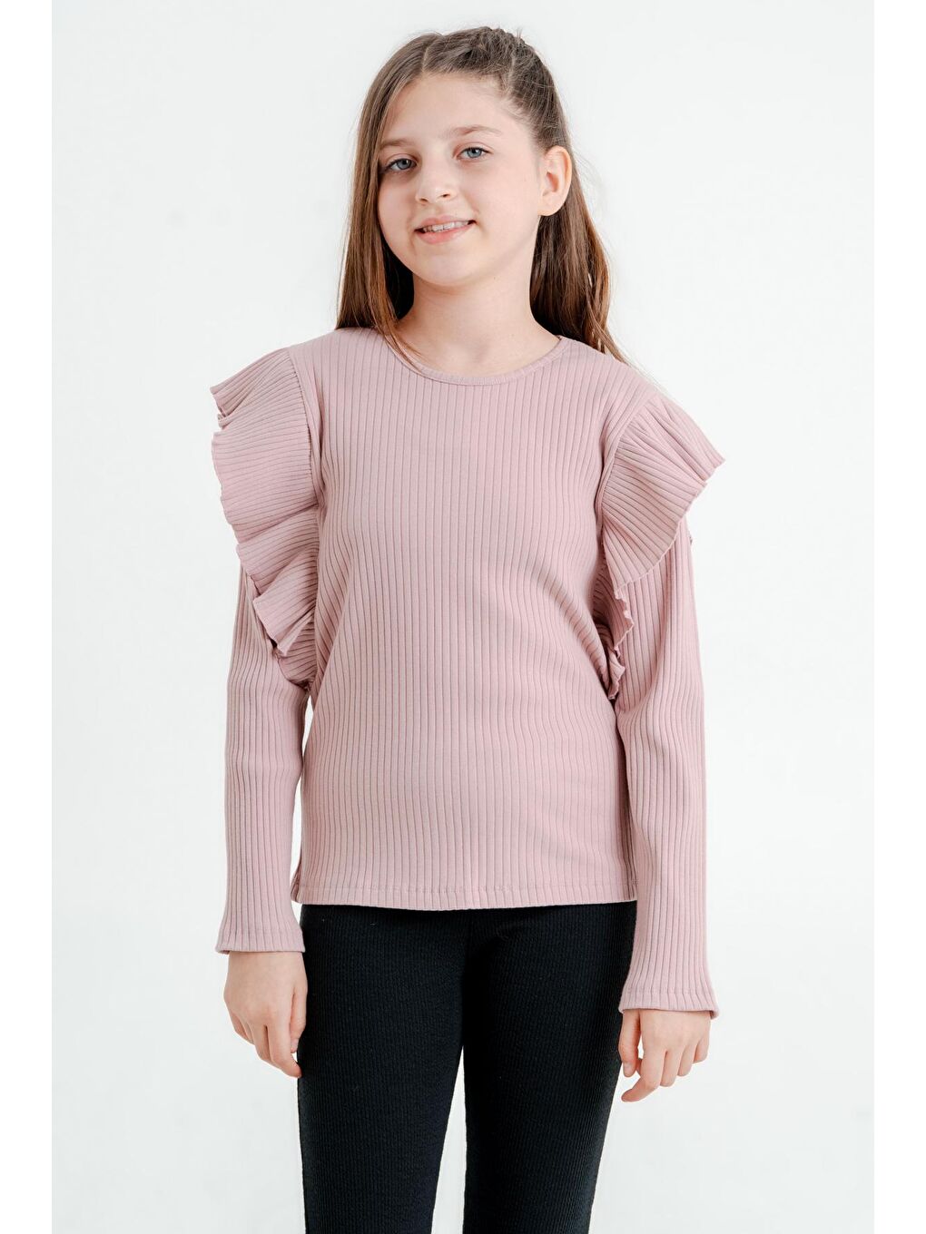 Pembe Kız Çocuk Gül Kurusu Fırfırlı 4-12 Yaş Sweatshirt - 23329-2
