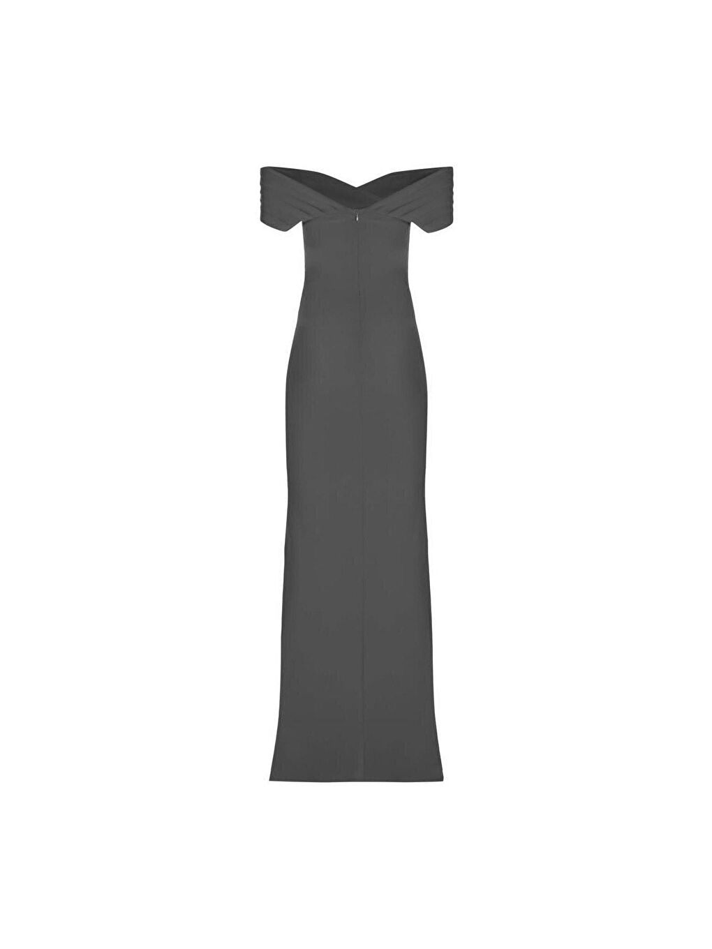 Siyah Piliseli Kayık Yaka Belden Drapeli Yandan Yırtmaçlı Uzun Elbise-1