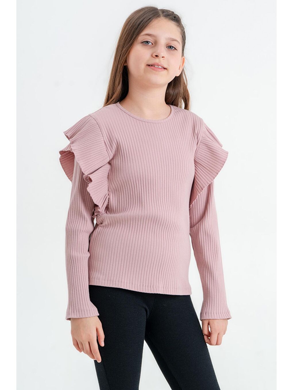Pembe Kız Çocuk Gül Kurusu Fırfırlı 4-12 Yaş Sweatshirt - 23329-2-1