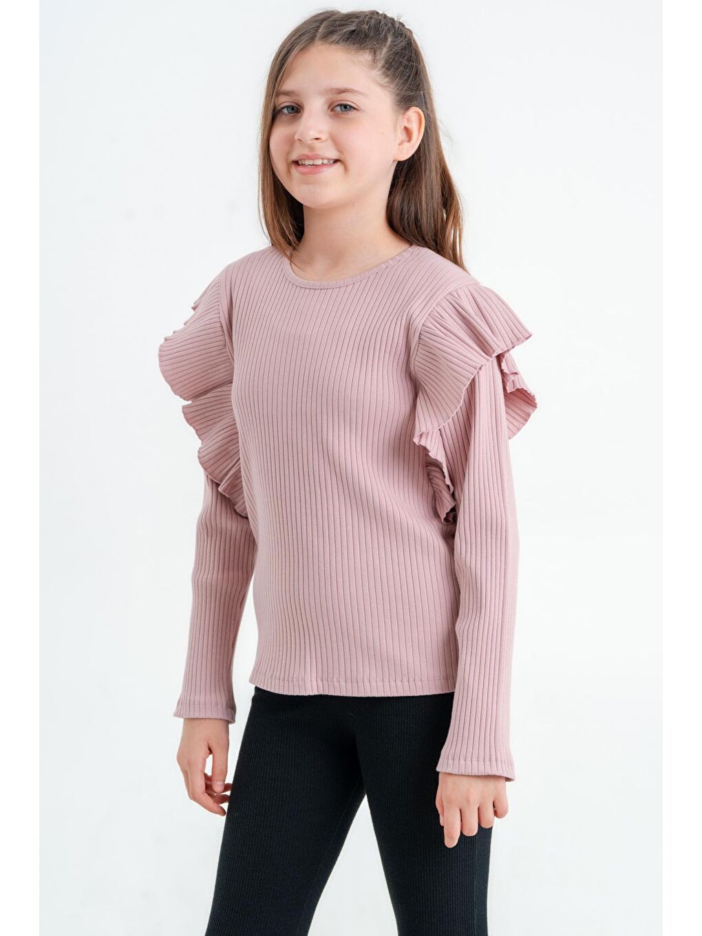 Pembe Kız Çocuk Gül Kurusu Fırfırlı 4-12 Yaş Sweatshirt - 23329-2-2