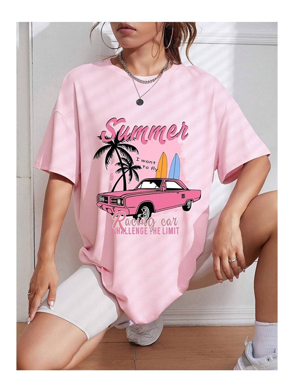 Trendseninle Pembe Kadın Pembe Summer Racing Car Baskılı Oversize Tişört