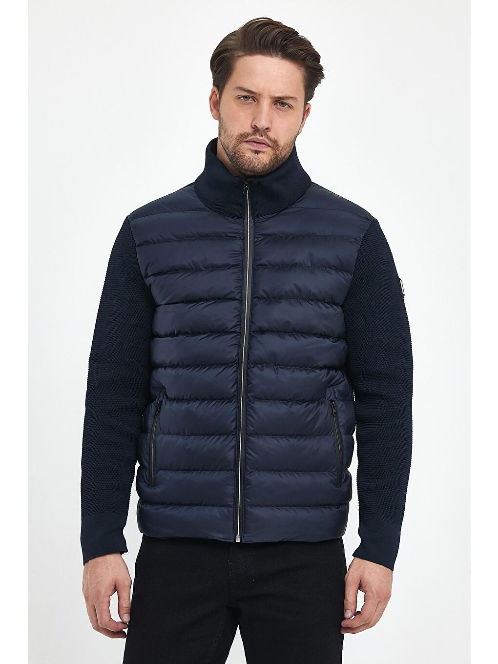 Lacivert Kol ve SırtıTrikolu Dik Yaka  Erkek Mont