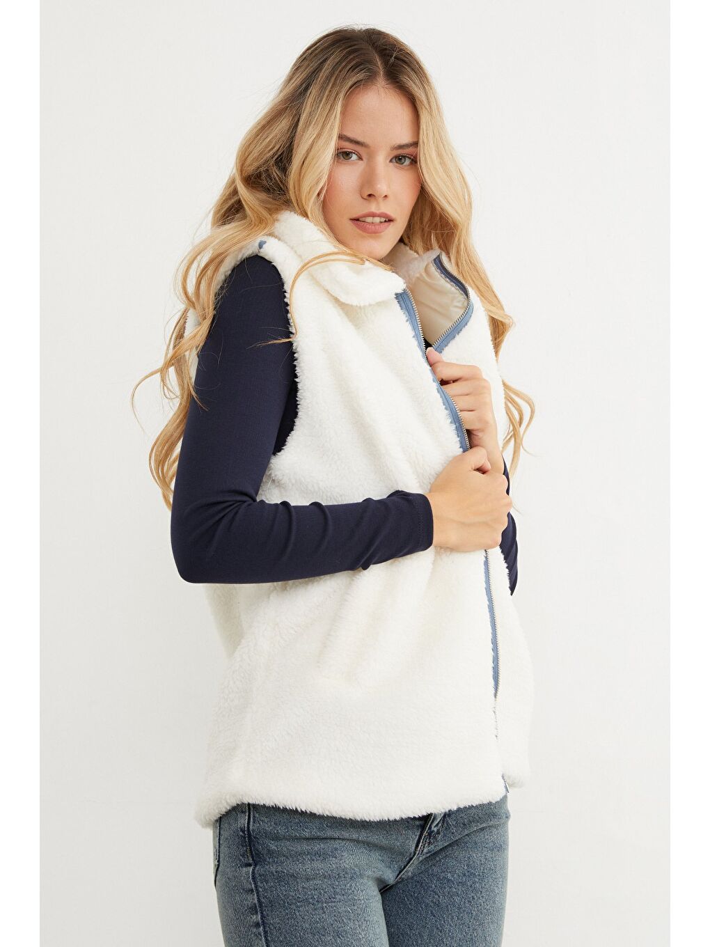 İndigo Polo Yaka Fermuarlı Pelüş Yelek-2