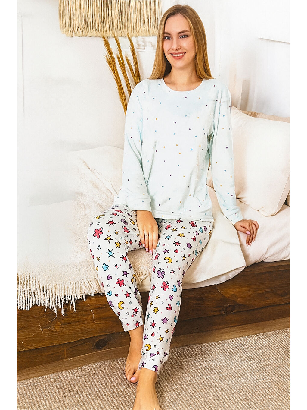 Yeşil Kadın Benek Desen Comfort Pijama Takımı 0483 Mint01-3