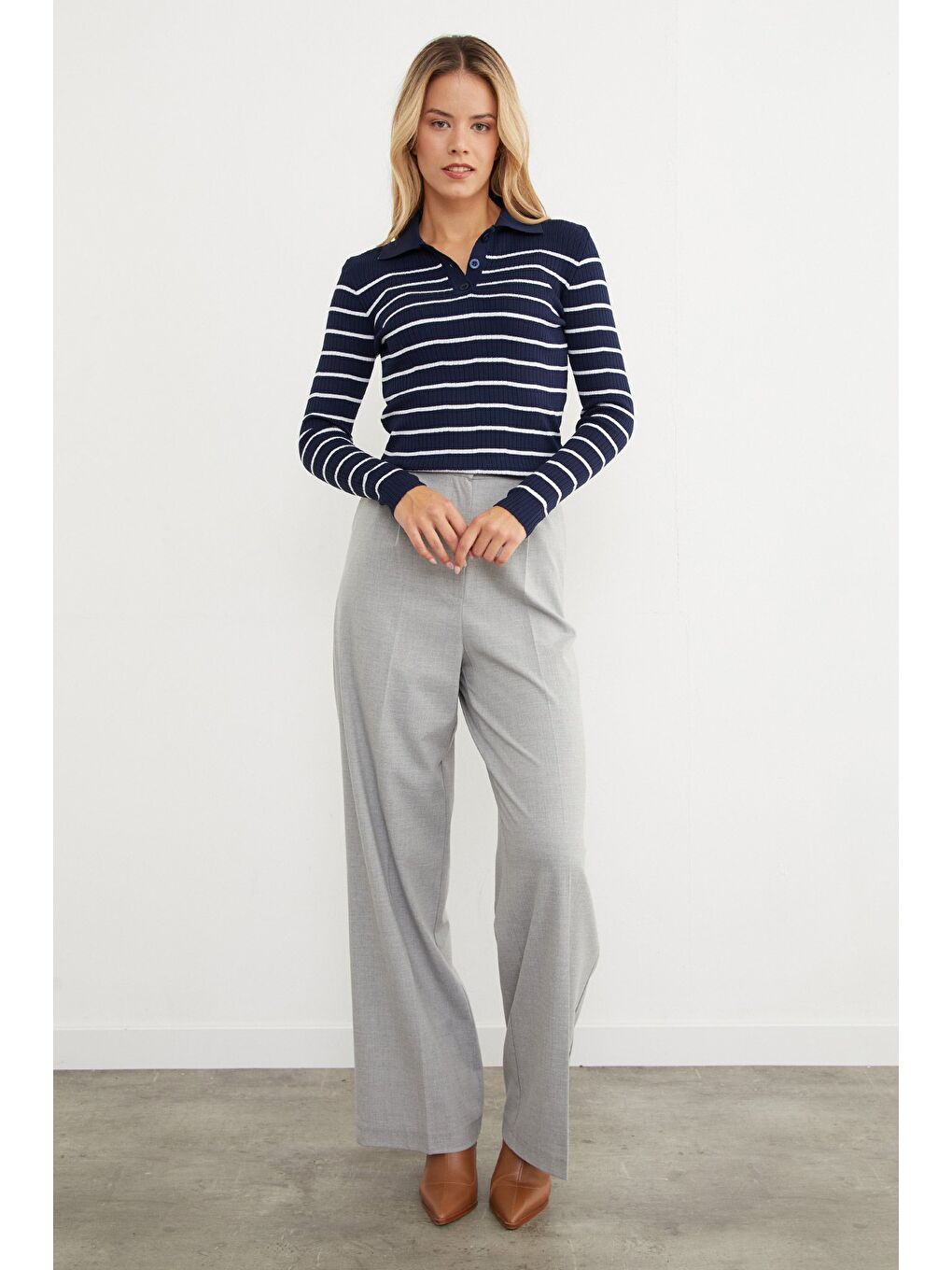 Lacivert Çizgili Polo Yaka Yarım Düğmeli Triko Kazak-1