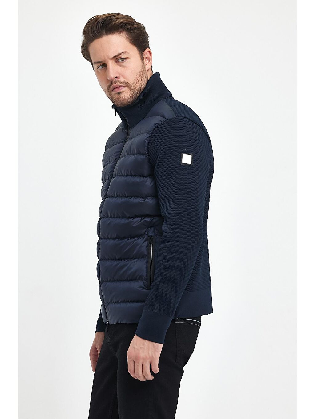 Lacivert Kol ve SırtıTrikolu Dik Yaka  Erkek Mont-3