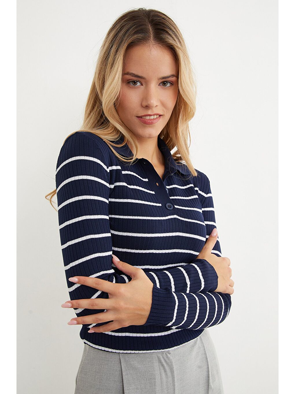 Lacivert Çizgili Polo Yaka Yarım Düğmeli Triko Kazak-2