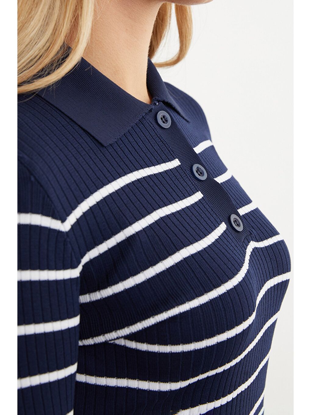 Lacivert Çizgili Polo Yaka Yarım Düğmeli Triko Kazak-3