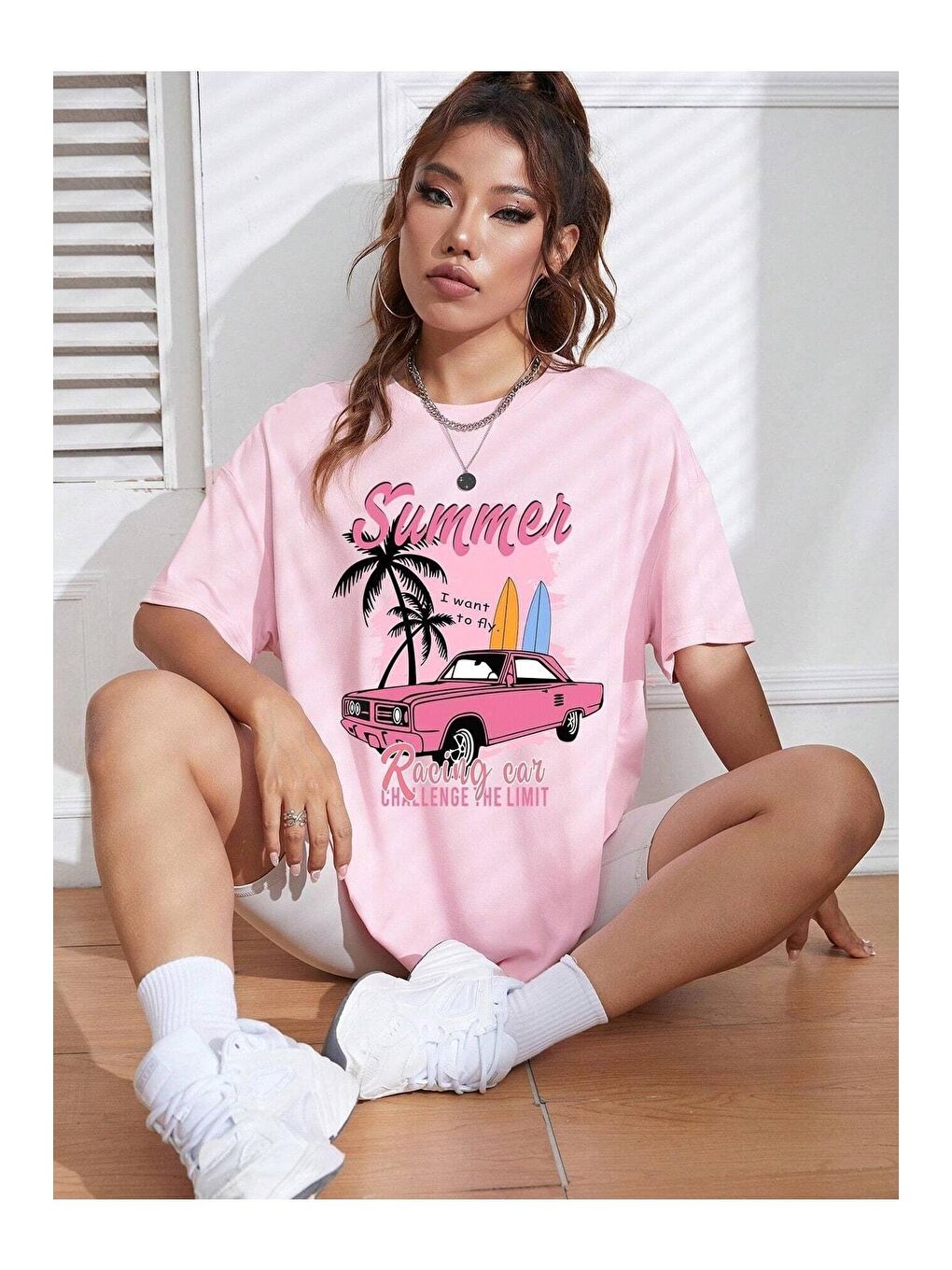 Trendseninle Pembe Kadın Pembe Summer Racing Car Baskılı Oversize Tişört - 2