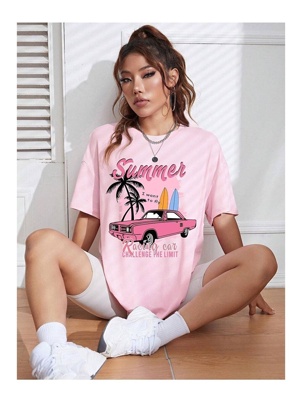 Trendseninle Pembe Kadın Pembe Summer Racing Car Baskılı Oversize Tişört - 3