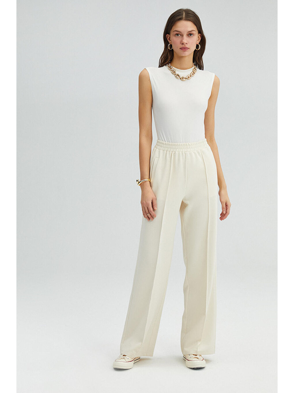 Ekru Nervürlü Krep Pantolon-1