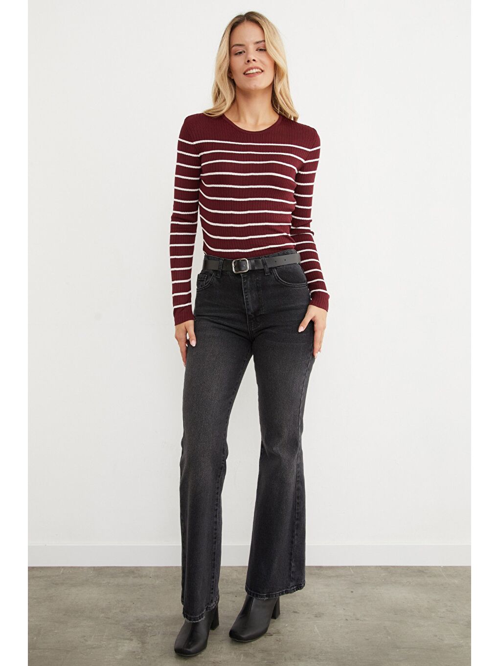 Bordo Fitilli Çizgili Triko Kazak-1