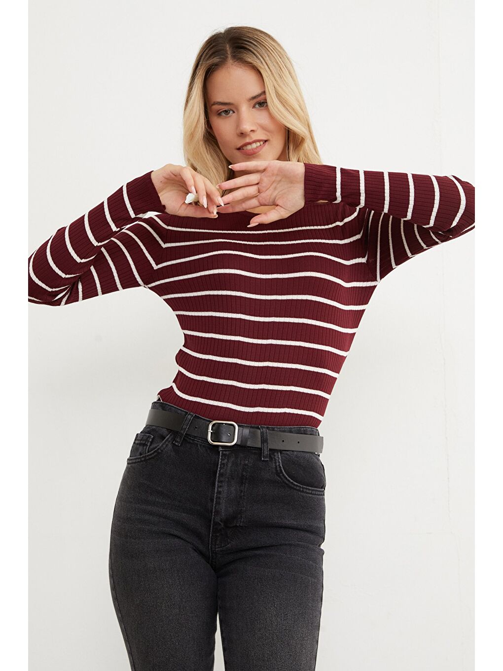 Bordo Fitilli Çizgili Triko Kazak-2