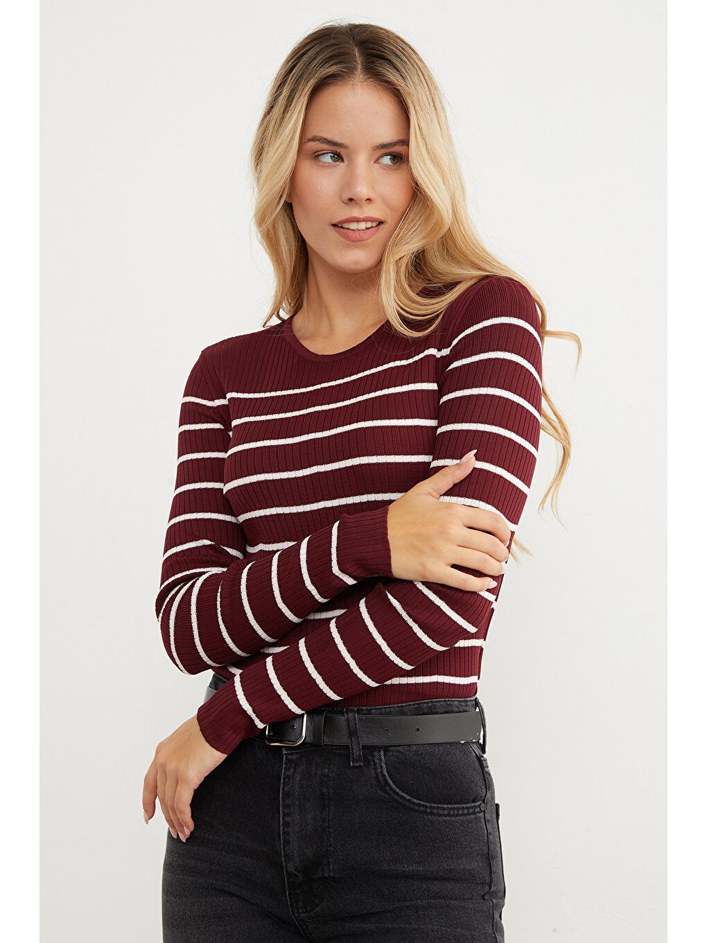 Bordo Fitilli Çizgili Triko Kazak-3