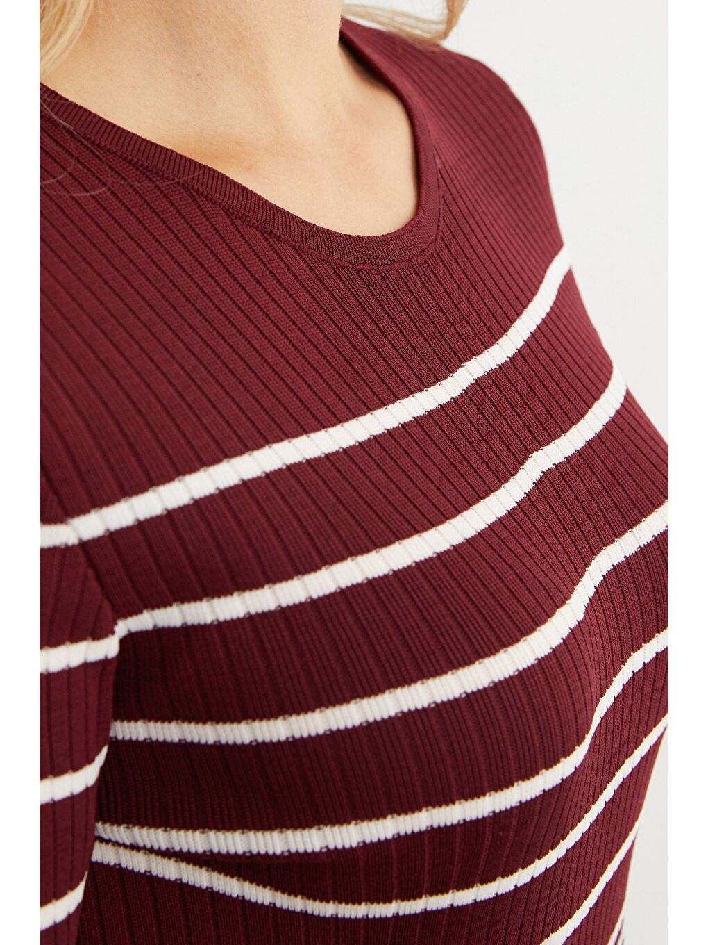 Bordo Fitilli Çizgili Triko Kazak-4