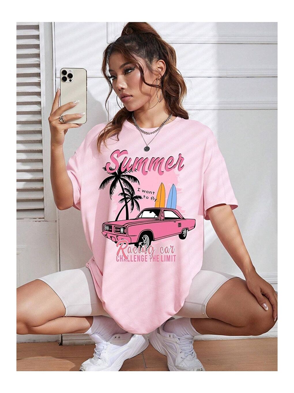 Trendseninle Pembe Kadın Pembe Summer Racing Car Baskılı Oversize Tişört - 4