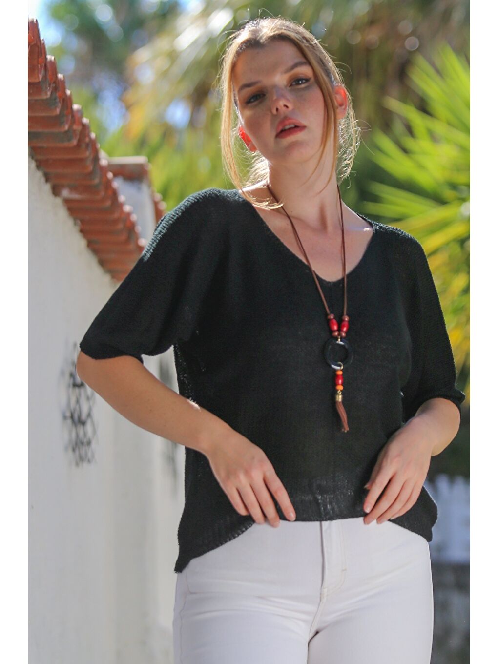 Siyah V Yaka 3/4 Kol İnce Arkası Uzun Crop Fit Triko Bluz 50 60-5