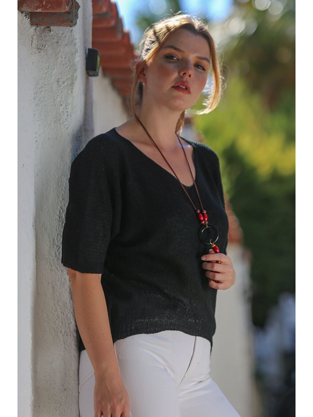 Siyah V Yaka 3/4 Kol İnce Arkası Uzun Crop Fit Triko Bluz 50 60-6