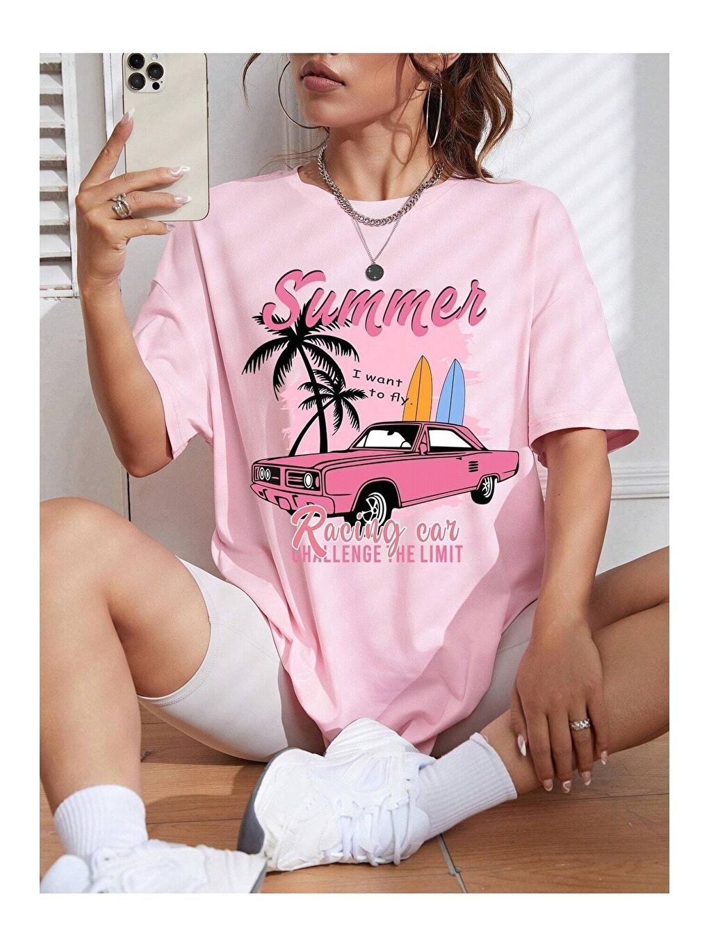 Trendseninle Pembe Kadın Pembe Summer Racing Car Baskılı Oversize Tişört - 5